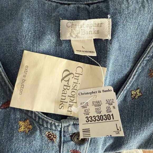 Vtg Christopher & Banks Embroidered Fall Leaves Denim Maxi Dress Autumn Folk - Picture 7 of 7